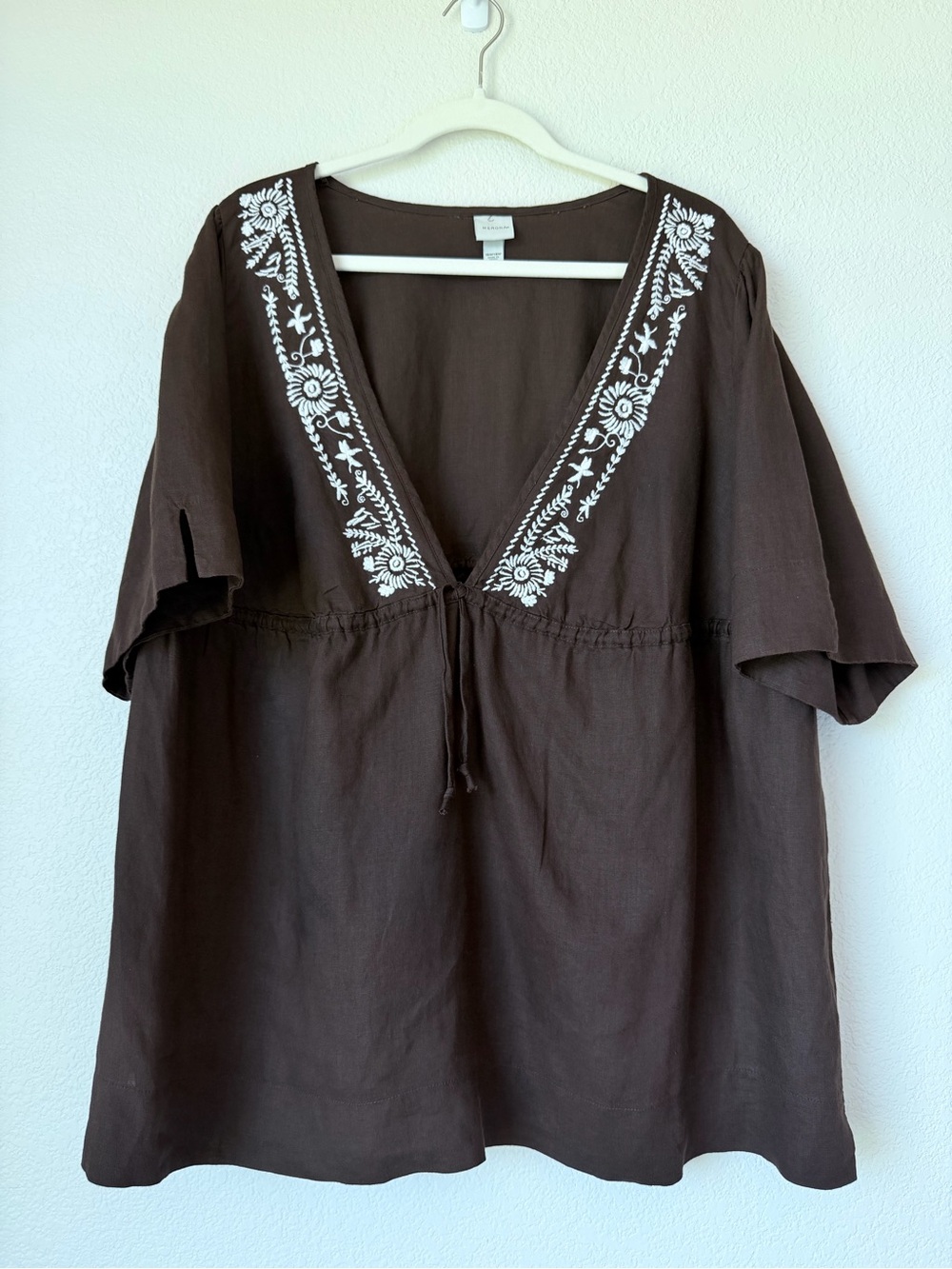 Merona 100% Linen Embroidered Boho Tunic Top Brown Plus Size 16W